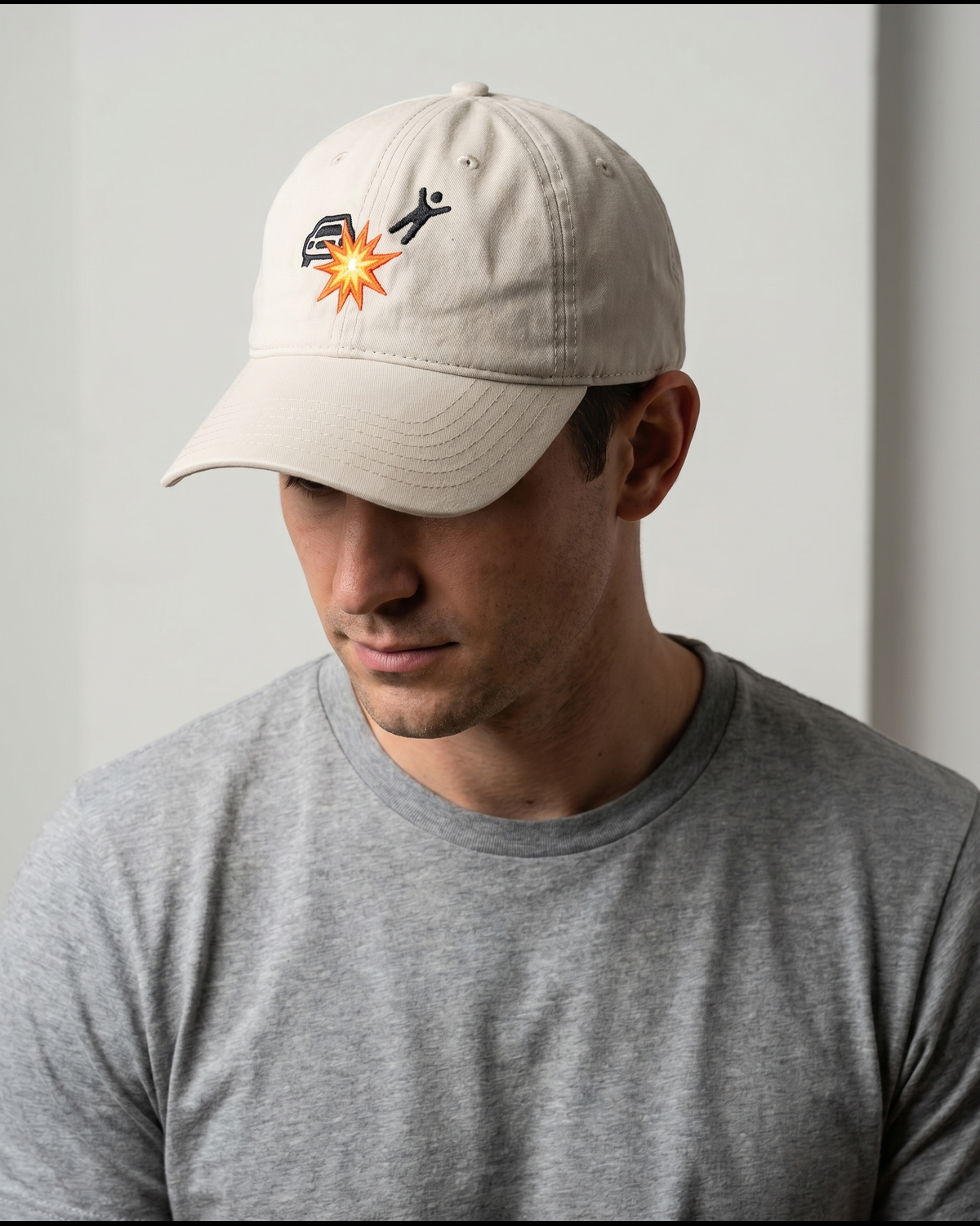 CrashCount embroidered khaki cap worn by a model
