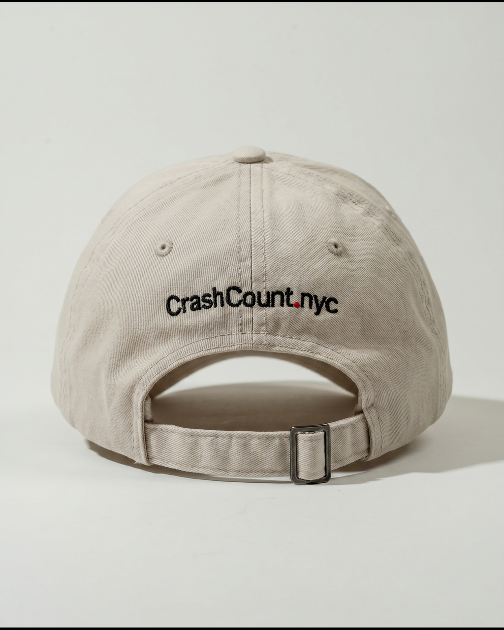 CrashCount embroidered khaki cap back product photo with CrashCount.nyc embroidery