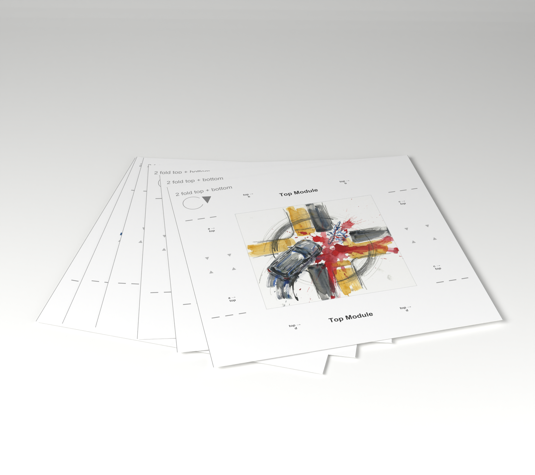 CRASHCUBE illustrated module sheets fanned like a hand of cards