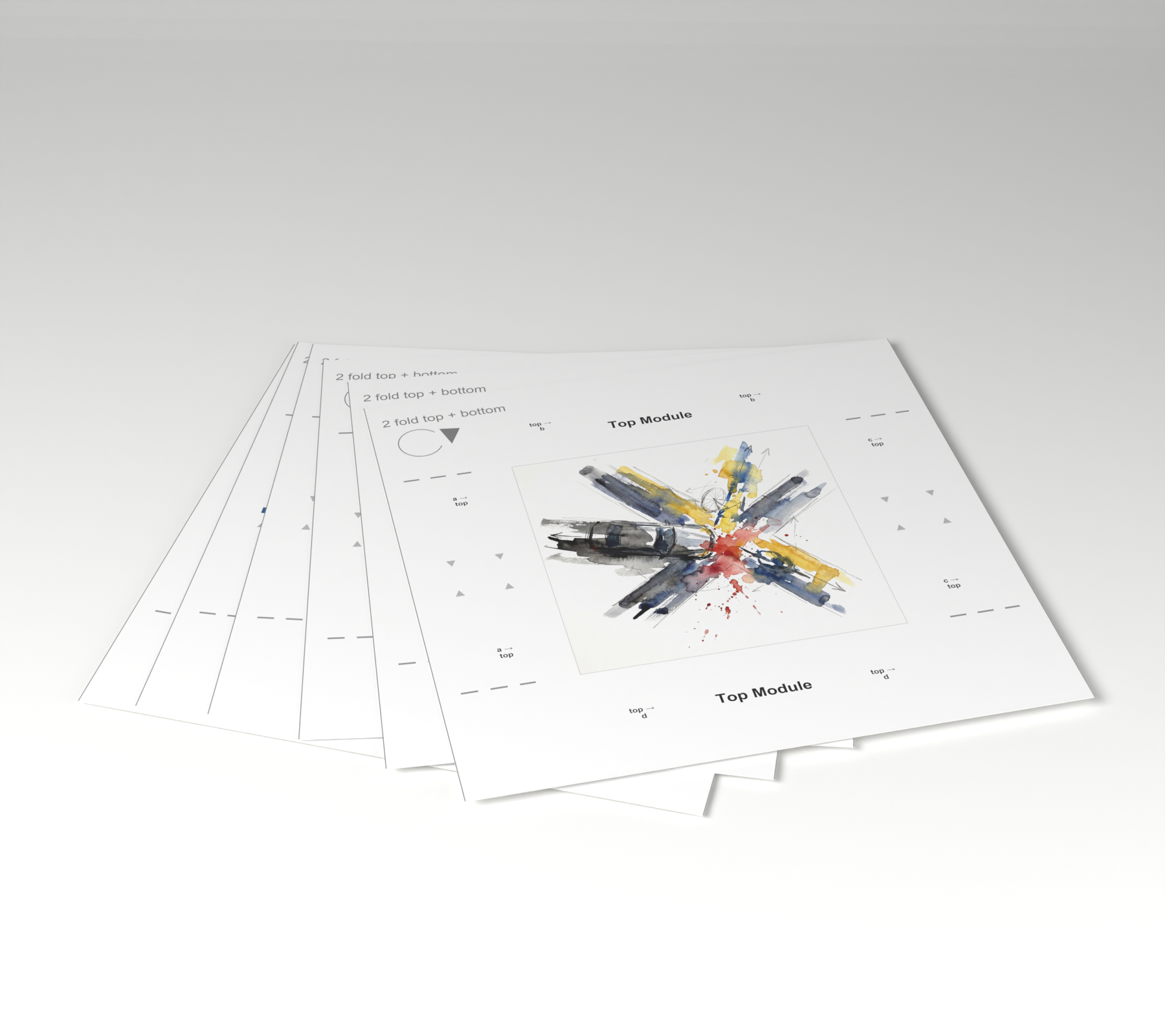 CRASHCUBE illustrated module sheets fanned like a hand of cards