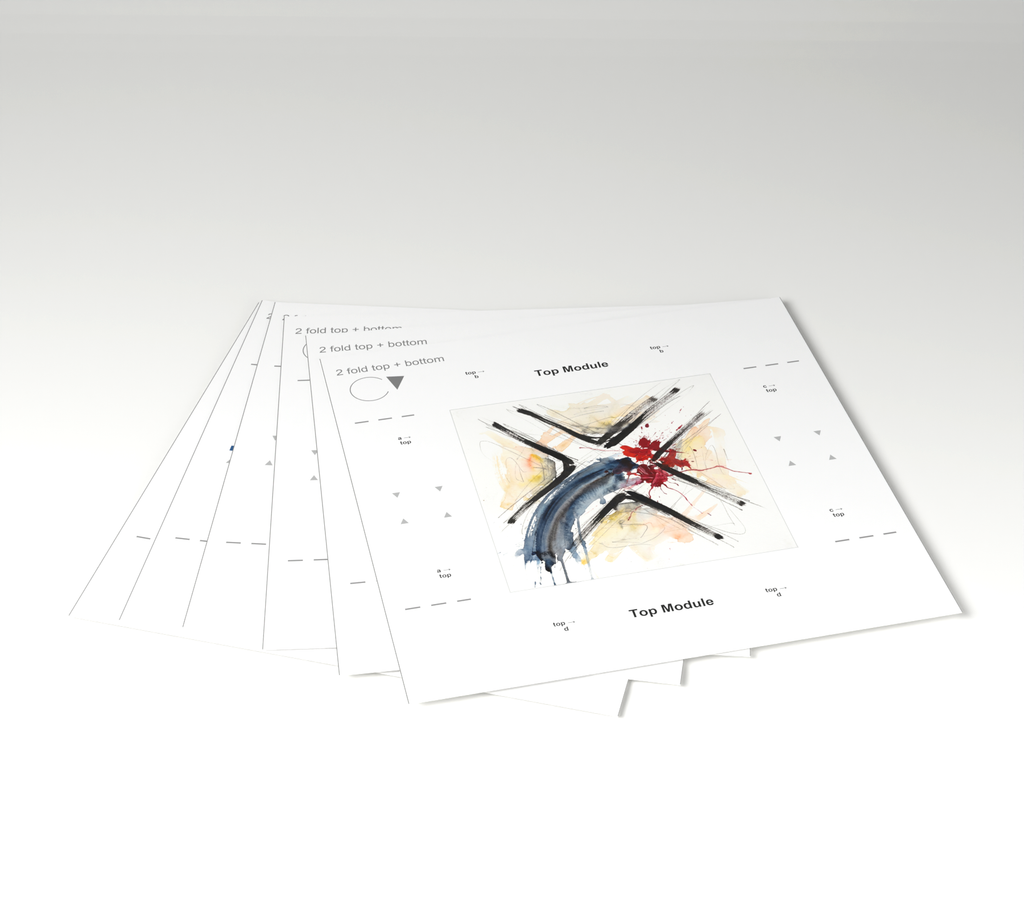 CRASHCUBE illustrated module sheets fanned like a hand of cards